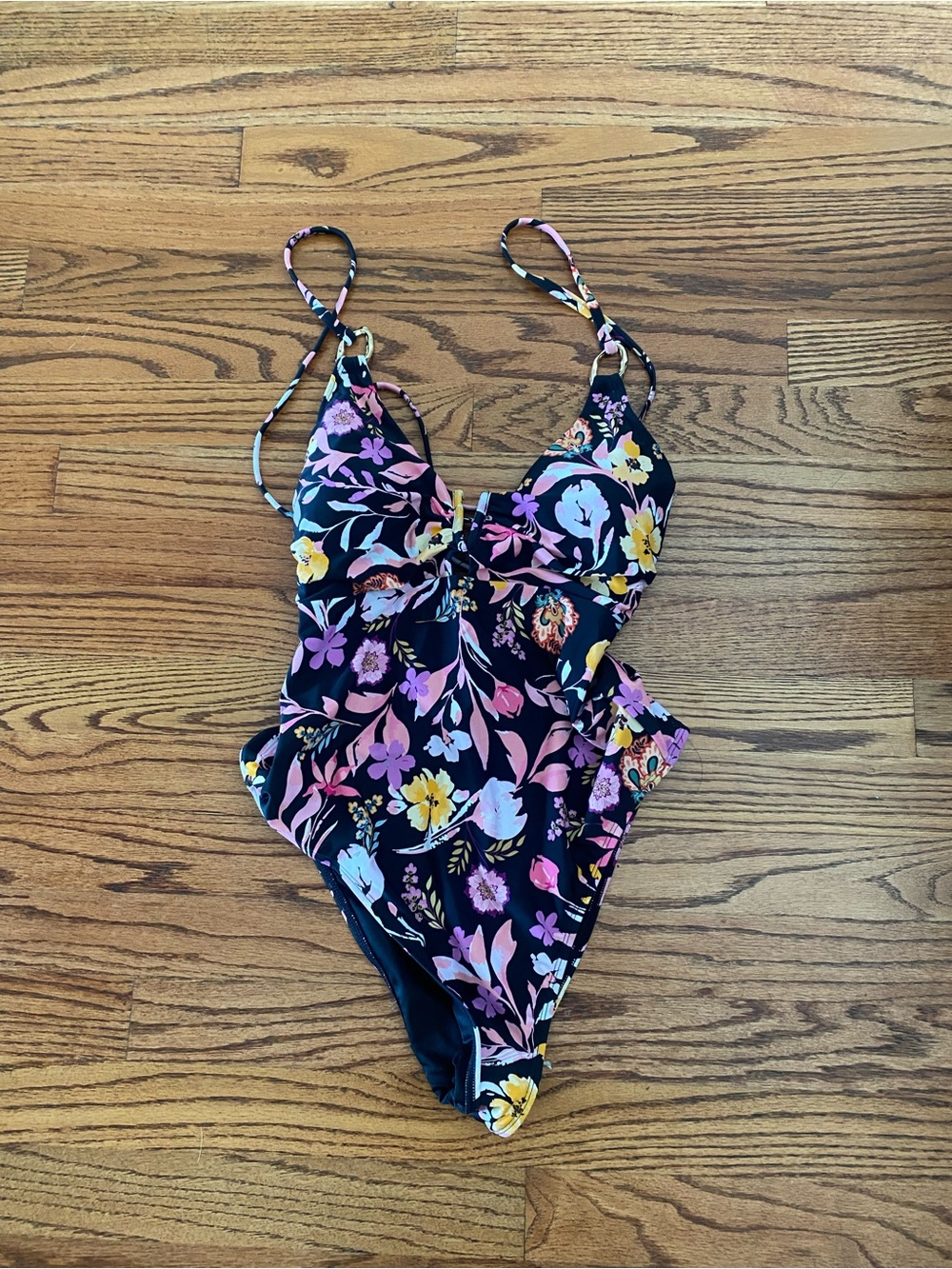 Woman’s Cupshe  Floral One-Piece Swimsuit - Black with Pink & Yellow Blooms
